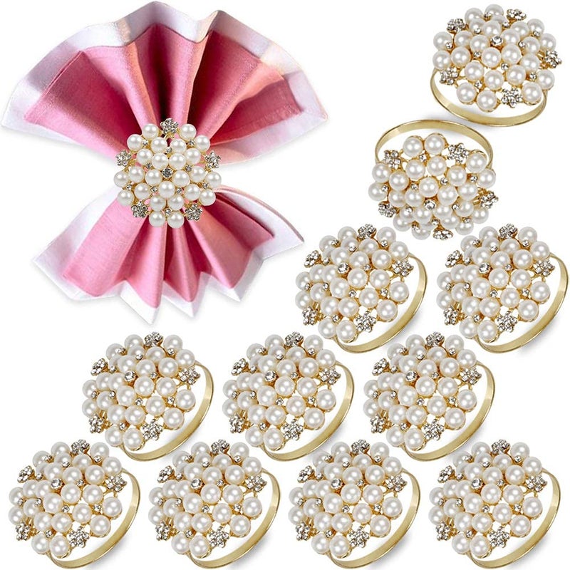 LogHog Elegant Pearls Napkin Rings Set of 12,Napkin Holder Ring Metal Buckles for Table Setting Decor at Thanksgiving,Christmas,Valentine's,Wedding,Parties,Holiday-Gold Ring White Pearls Bling Rhinestones. - Image 1